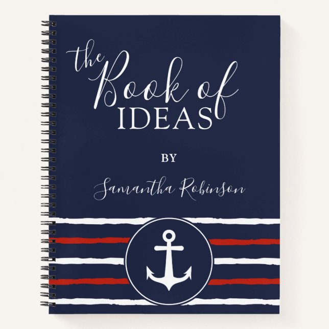Nautical Anchor Personalized Red White Navy Blue Notebook (Front)