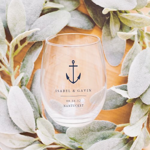 Nautical Anchor Personalized Wedding Favor Stemless Wine Glass