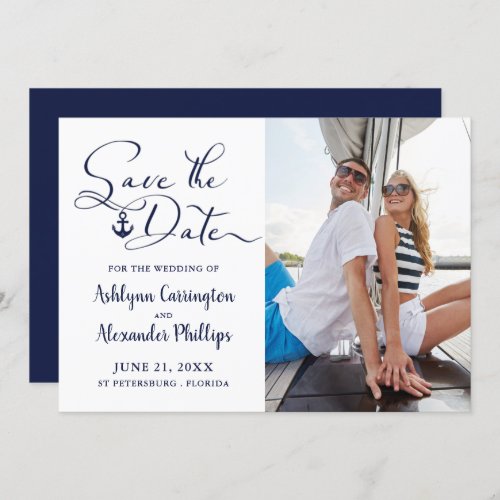 Nautical Anchor Photo Script Typography Navy Blue Save The Date