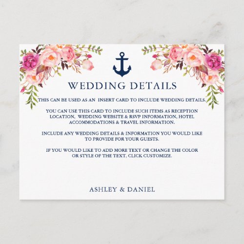Nautical Anchor Pink Floral Wedding Details Card