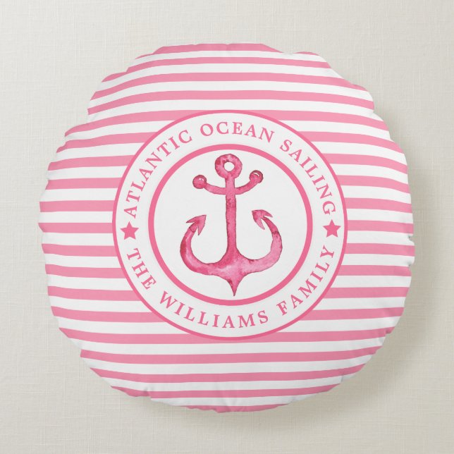 Nautical Anchor Pink Striped Personalized Pillow (Front)