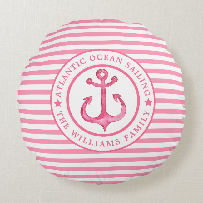 Nautical Anchor Pink Striped Personalized Pillow