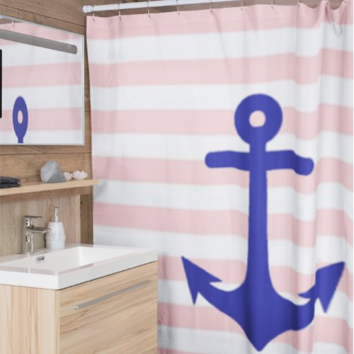 Nautical Anchor Pink Stripes Shower Curtain