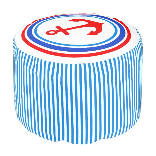 Nautical anchor pinstripe red blue round pouf (Angled Front)