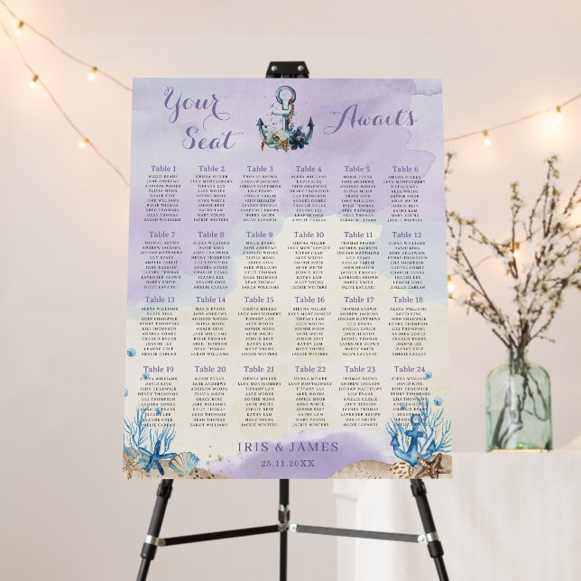 Nautical Anchor Purple Beach Wedding Seating Chart Foam Board (In Situ (Stand))