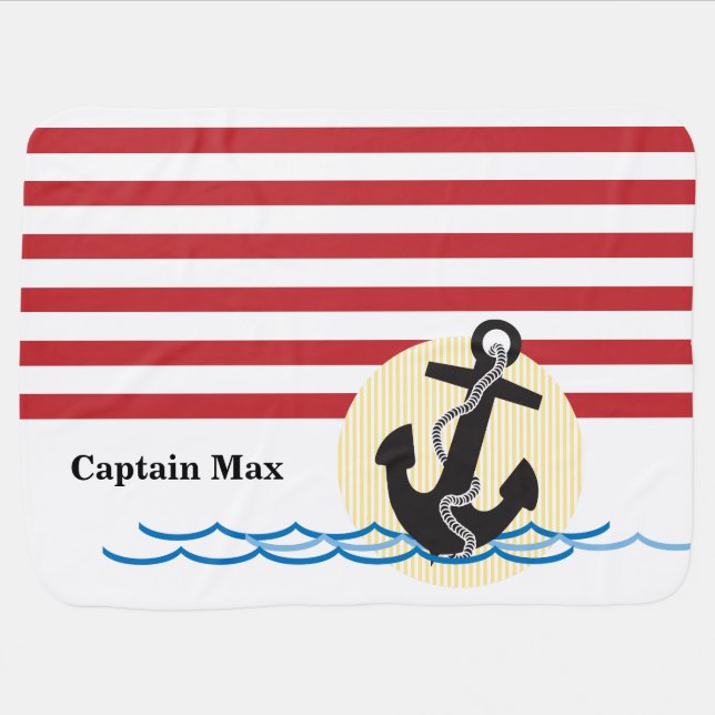 Nautical Anchor Red and White Stripes Boys Stroller Blanket (Horizontal)