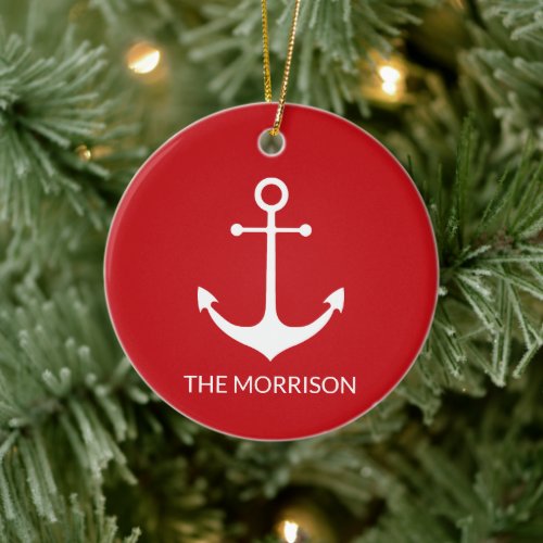 nautical anchor red Custom Boat name Christmas Ceramic Ornament