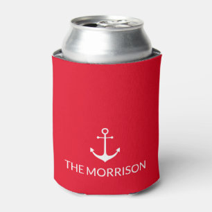 Nautical anchor red Custom Boat Name solid elegant Can Cooler