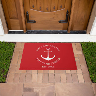 Nautical anchor red custom name welcome aboard doormat