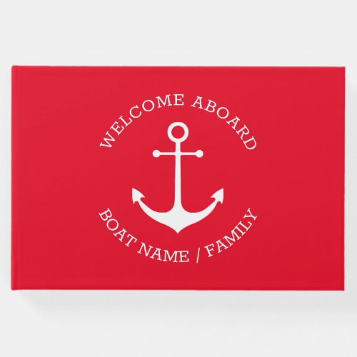 Nautical anchor red custom name welcome aboard guest book