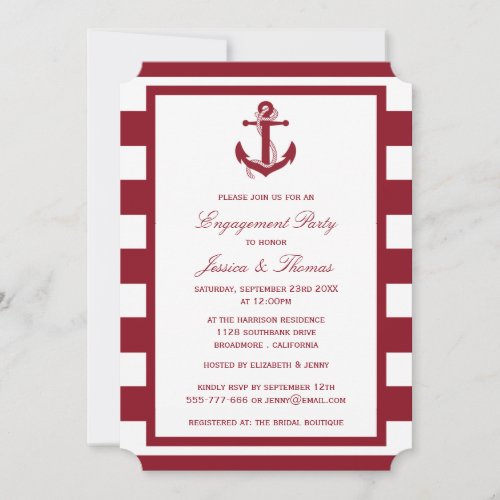 Nautical Anchor Red Stripe Engagement Party Invitation