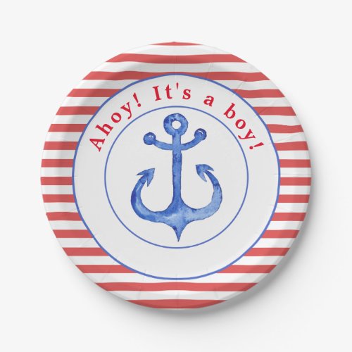 Nautical Anchor Red Striped Babyshower Paper Plate