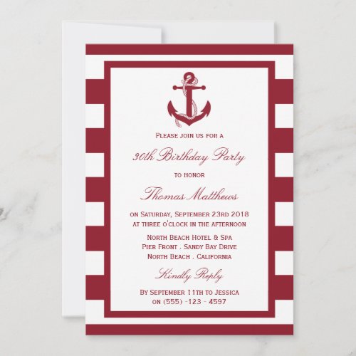 Nautical Anchor Red Stripes Beach Birthday Invitation