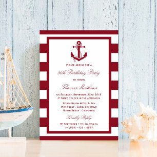 Nautical Anchor Red Stripes Beach Birthday Invitation