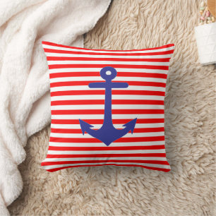 Nautical Anchor Red Stripes Throw Pillow