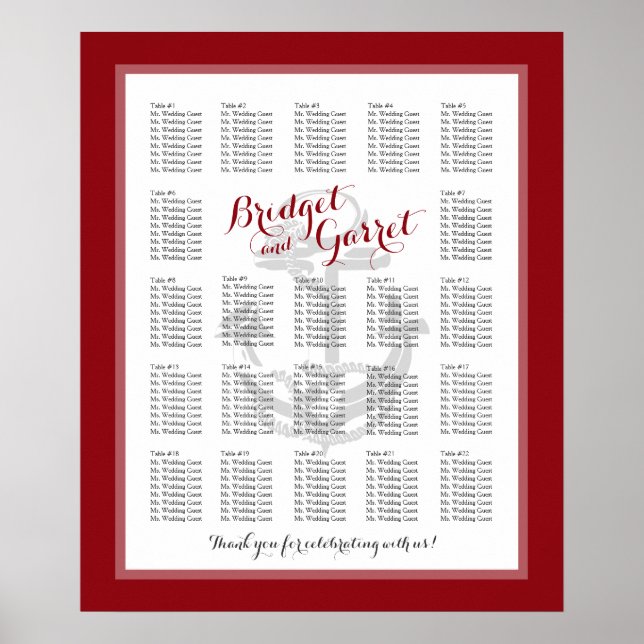 Nautical Anchor Red Wedding Seating Chart (Front)