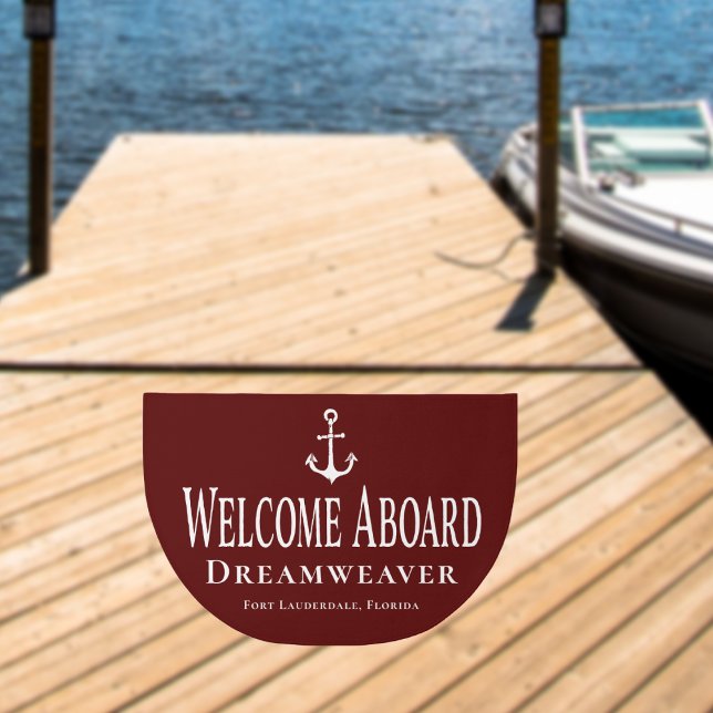 Nautical Anchor Red Welcome Aboard Boat Name Doormat (Ship or Boat Welcome Aboard Dock Mat)