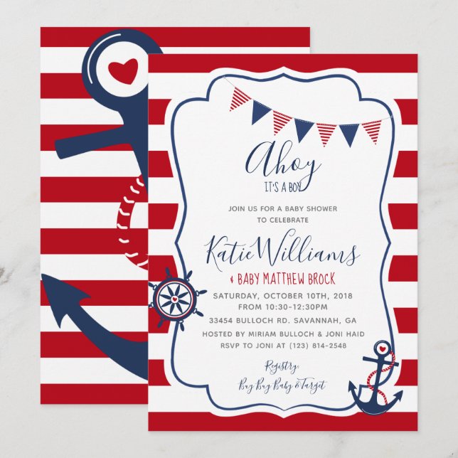 Nautical Anchor Red White Blue Boy Baby Invitation (Front/Back)