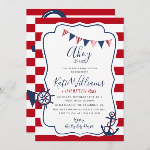 Nautical Anchor Red White Blue Boy Baby Invitation