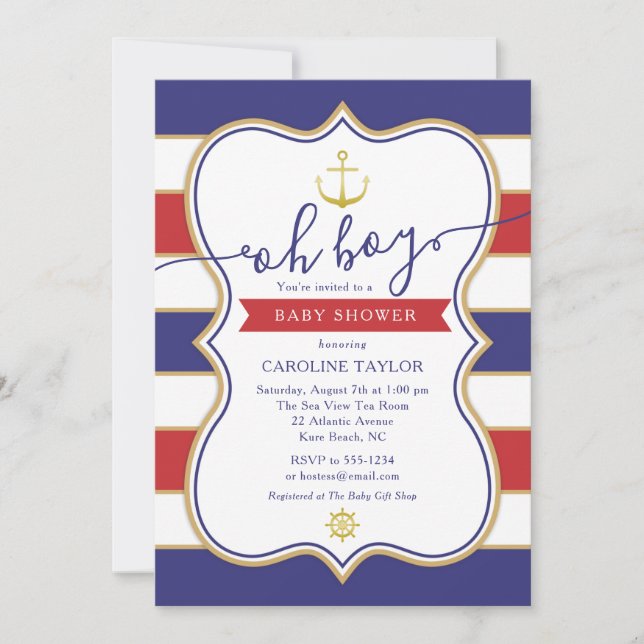 Nautical Anchor Red White Blue Boy Baby Shower Invitation (Front)