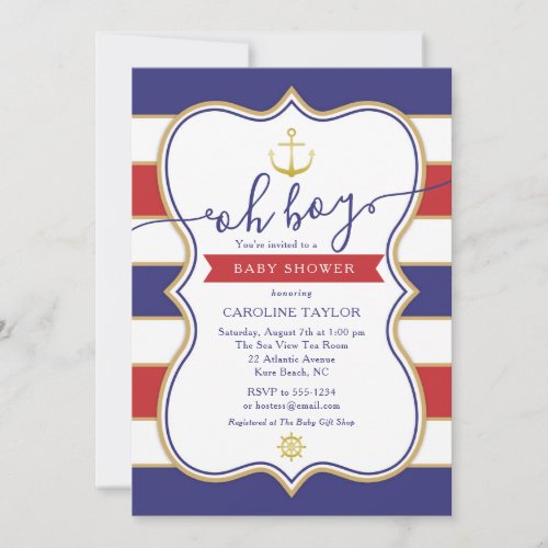 Nautical Anchor Red White Blue Boy Baby Shower Invitation