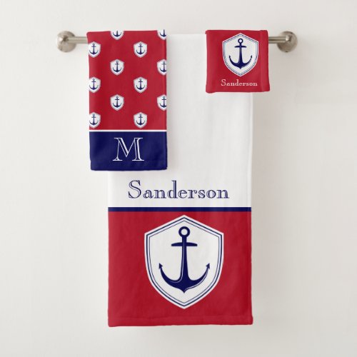 Nautical Anchor  Red White Blue Navy Bathroom Bath Towel Set