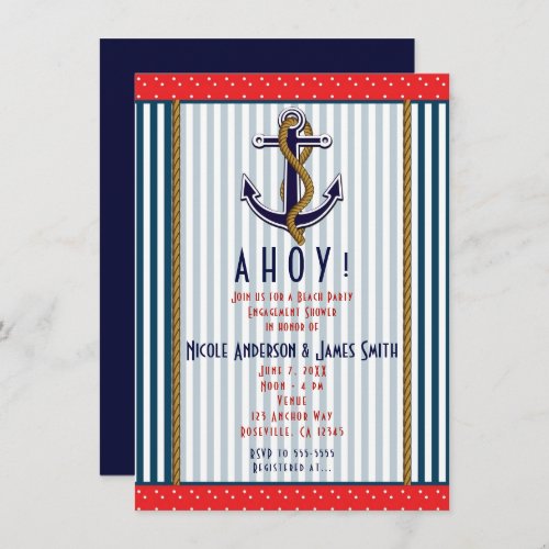 Nautical Anchor Red White Blue Stripes  Dots Invitation