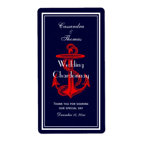 Nautical Anchor Red White Navy V Wine Bottle Label