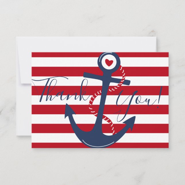 Nautical Anchor Red White Ocean Boat Thank You Card (Front)