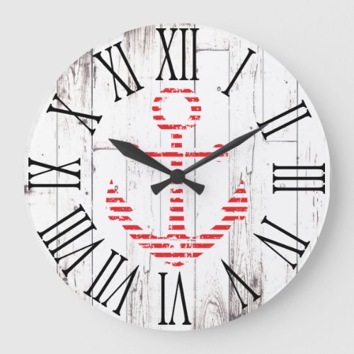 Nautical Anchor Red White Wood Rustic Coastal Large Clock