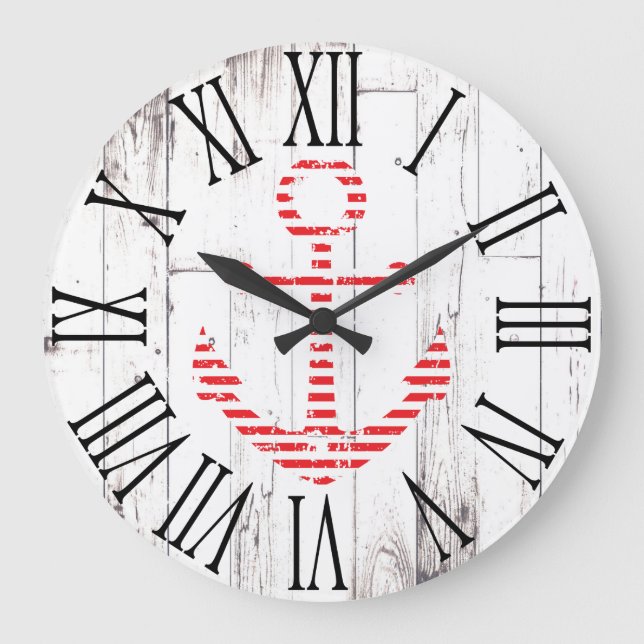 Nautical Anchor Red White Wood Rustic Coastal Large Clock (Front)