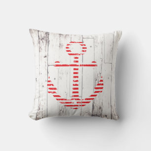 Nautical Anchor Red White Wood Rustic Coastal Throw Pillow