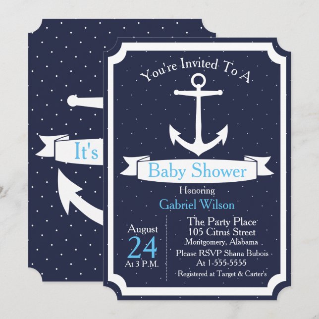 Nautical Anchor & Ribbon Baby Boy Baby Shower Invitation (Front/Back)