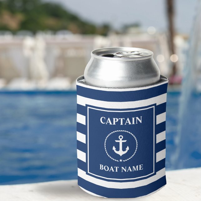Nautical Anchor Rope Blue Striped Boat Captain Can Cooler