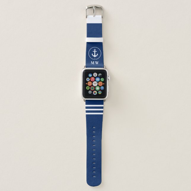 Nautical Anchor Rope Blue White Striped Monogram Apple Watch Band (Front)