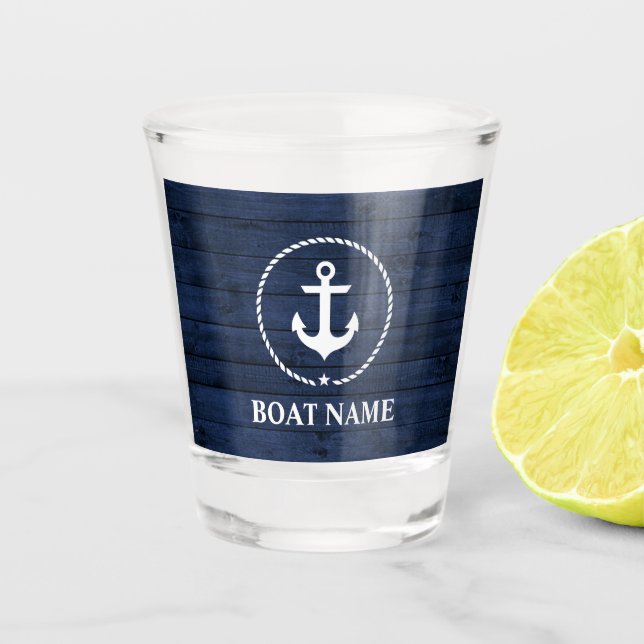 Nautical Anchor Rope Boat Name Blue Wood Shot Glass (Front)