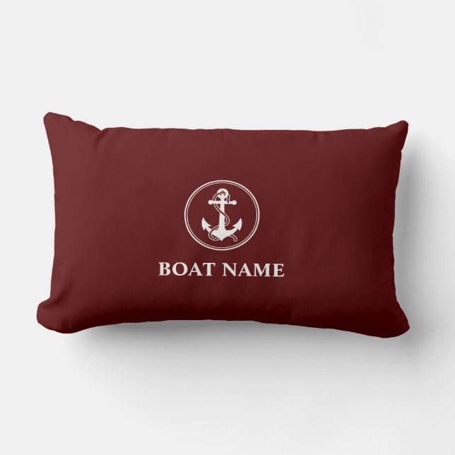 Nautical Anchor Rope Boat Name Deep Red Lumbar Pillow (Front)