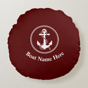 Nautical Anchor Rope Boat Name Deep Red Round Pillow