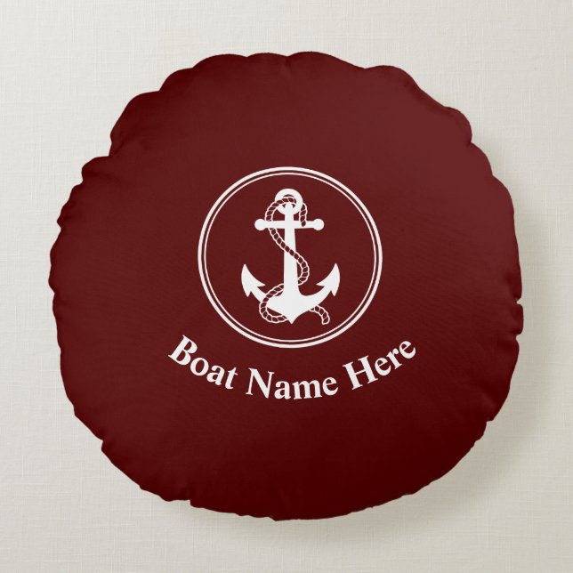Nautical Anchor Rope Boat Name Deep Red Round Pillow (Front)