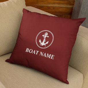 Nautical Anchor & Rope Boat Name Deep Red Throw Pillow