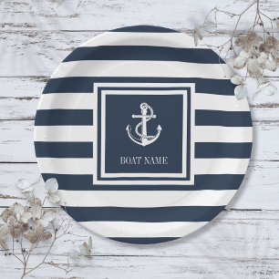 Nautical Anchor Rope Boat Name Navy Blue Striped Paper Plates