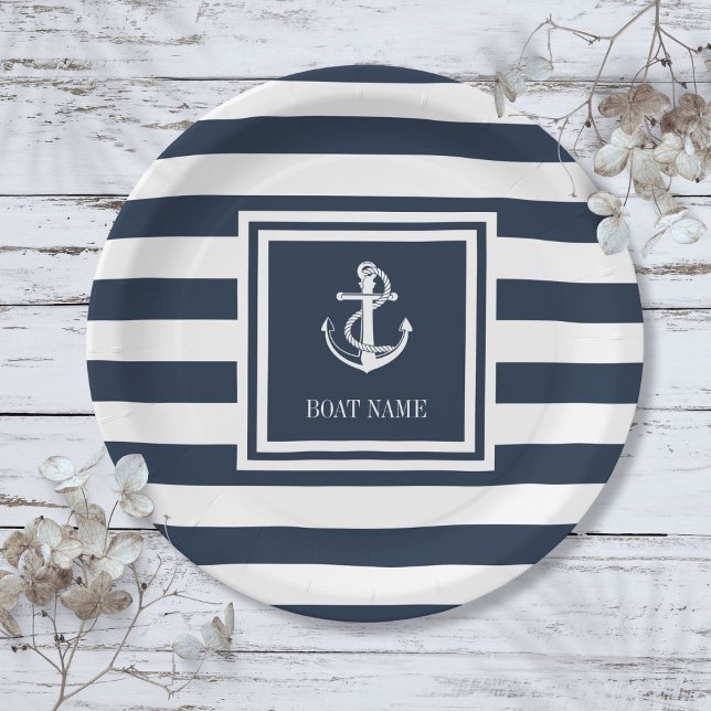 Nautical Anchor Rope Boat Name Navy Blue Striped Paper Plates (Nautical Anchor Rope Boat Name Navy Blue Striped Paper Plates)