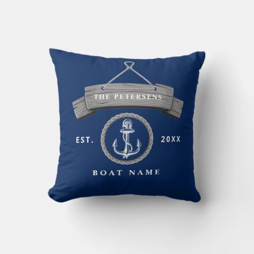 Nautical anchor rope boat name navy blue throw pillow