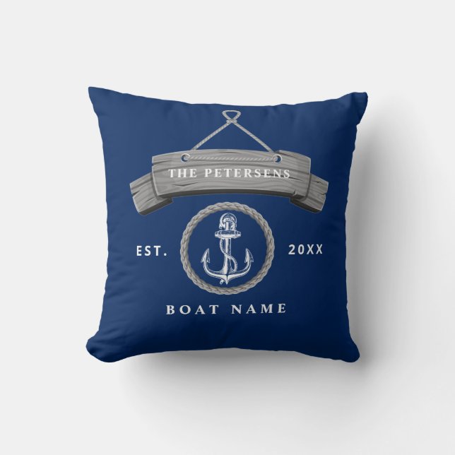 Nautical anchor rope boat name navy blue throw pillow (Front)
