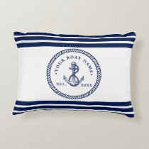 Nautical Anchor & Rope Boat Name Navy Blue & White Accent Pillow