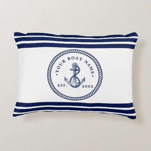 Nautical Anchor  Rope Boat Name Navy Blue  White Accent Pillow