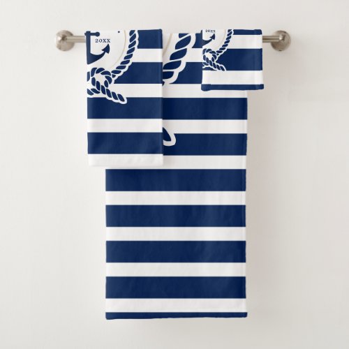 Nautical Anchor  Rope Boat Name Navy Blue  White Bath Towel Set