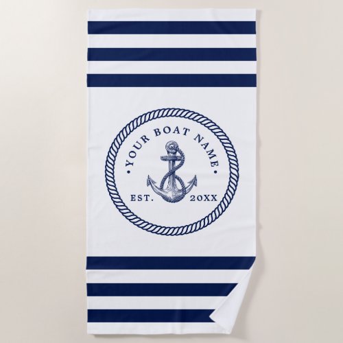 Nautical Anchor  Rope Boat Name Navy Blue  White Beach Towel