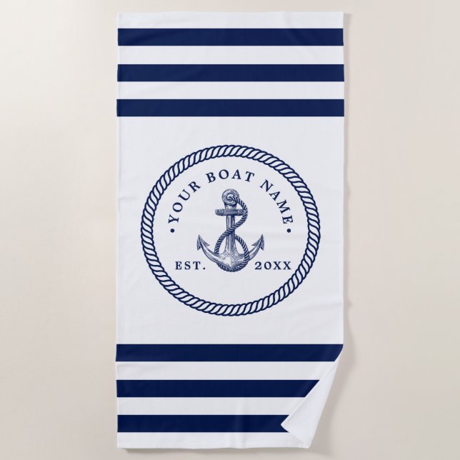 Nautical Anchor & Rope Boat Name Navy Blue & White Beach Towel (Front)
