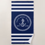 Nautical Anchor &amp; Rope Boat Name Navy Blue &amp; White Beach Towel